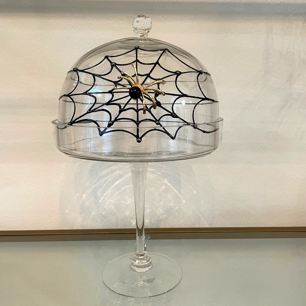Gorgeous Halloween Glass Cloche 15in Jeweled Spider on Web Cake Dome Pedestal